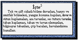 Text Box: Dta5
      Bro inaat, ynetim binalar, hastahaneler, okullar, ocuk yuvalar, konutlar, hazr evler, endstriyel yaplar, ambar ve sergi holleri, tarmsal yaplar, teknik binalar, otoyollarda grlt koruma duvarlar, pazar yerleri, bahe duvarlar, konteynrlar, tek ve ift cidarl hazr d duvar elemanlar, izoleli ve izolesiz d duvar kaplamalar, scak ve souk yaplarda alt eleman, atlarda kiremit alt malzemesi.
